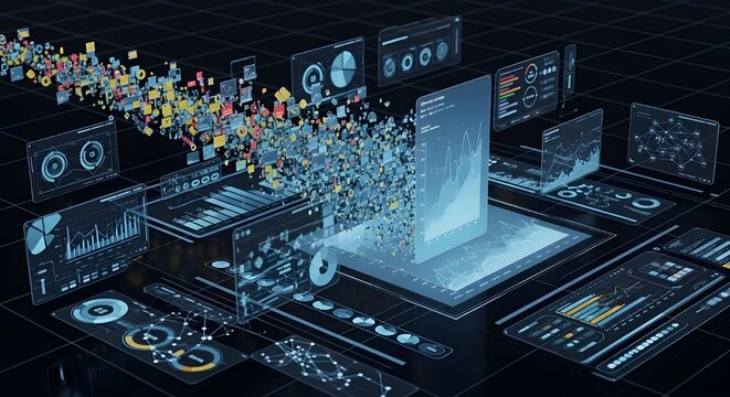 Digital data stream flowing into futuristic interface with charts and graphs