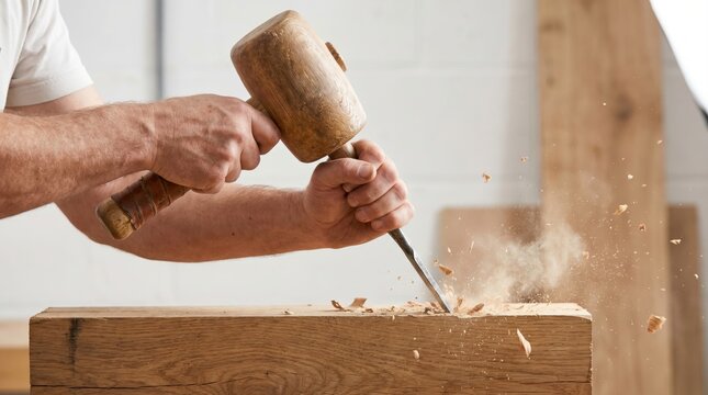 Craftsman carving a large wooden block using a sharp steel chisel and a wooden mallet in a workshop