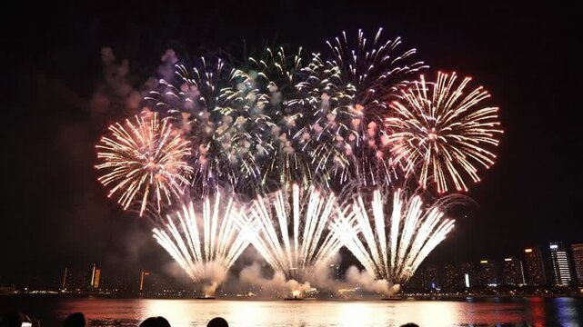 Fireworks display celebration at night with sound audio Col d VSRExport over the water