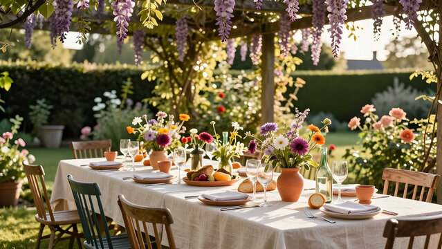 Elegant garden party setting with a long trestle table under a wisteria canopy in warm golden light