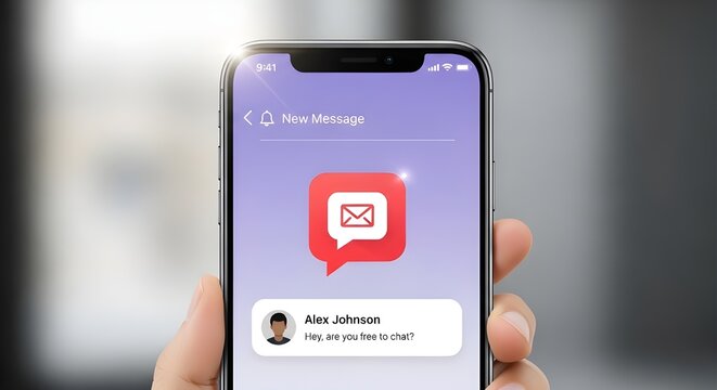Hand holding smartphone displaying new message notification