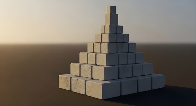 Pyramid of stacked gray blocks on a flat surface