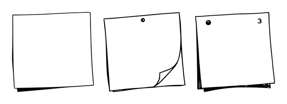 Post-it notes set with black line art on white background featuring sticky note, clipart, illustration with minimalism and design