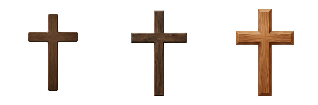 Set and collection of simple wooden christian cross isolated on white background