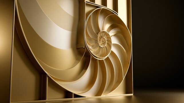 The scene displays a Fibonacci spiral formed by golden rectangles filled with a smooth gradient on a dark background, emphasizing mathematical beauty.