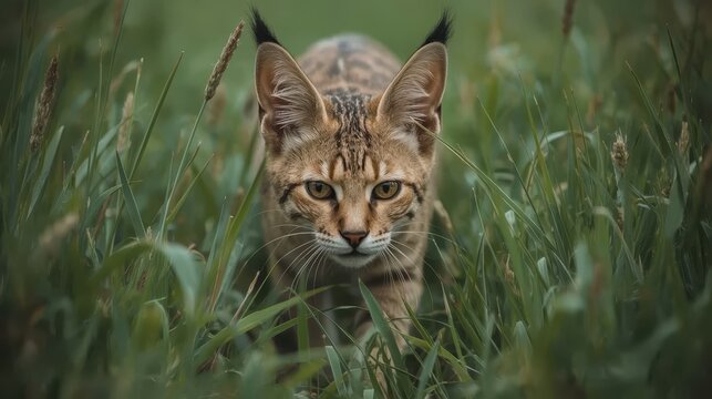 A serval cat stalking through tall grass, its large ears pricked forward to catch sound. Generative AI
