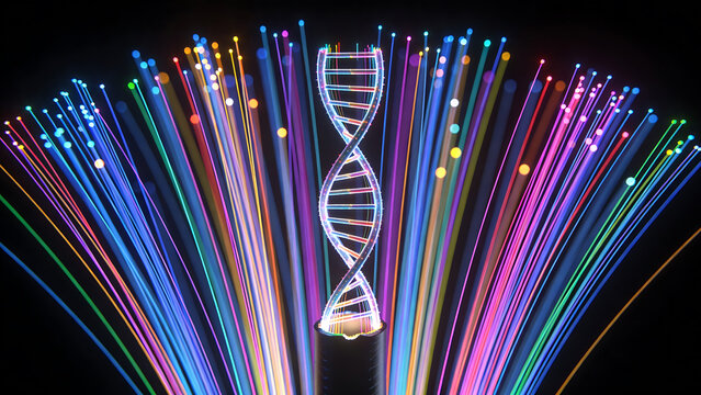 Abstract 3D rendering of a glowing DNA helix structure emerging from a colorful fiber optic cable bundle on a black background