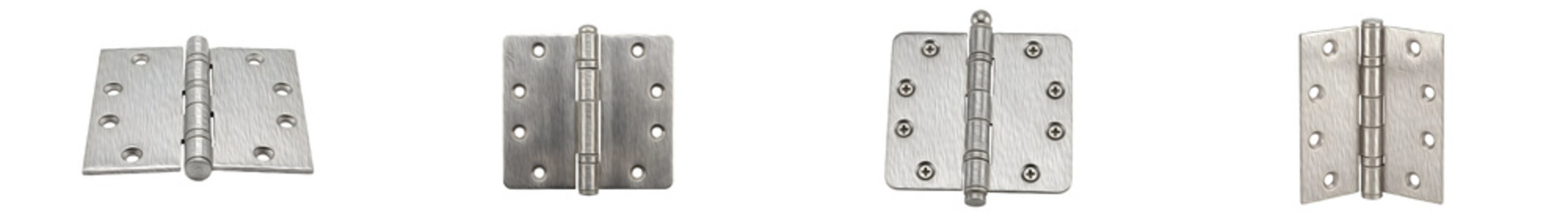 set of stainless steel ball bearing door hinges on withe background PNG photo high quality''