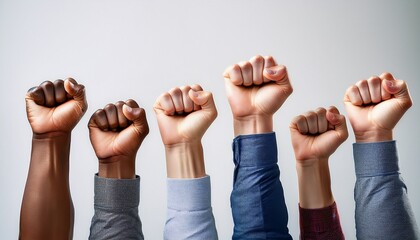 Fototapeta premium fists raised up against a light background only the hands are visible the concept of resilience struggle strength resistance and unity