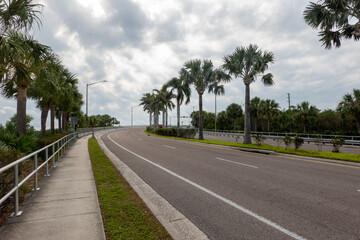 Fototapeta premium Clearwater Florida Coastal Road Lined with Palm Trees Leading Toward Bridge Under Overcast Sky