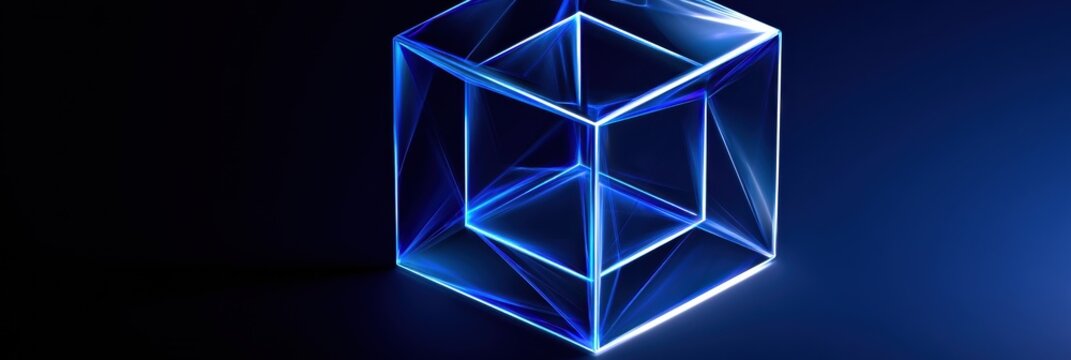 A hypercube tesseract rotates, with inner and outer cubes linked by glowing lines. The design is set against a deep navy background.