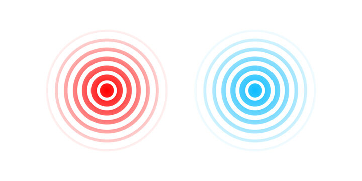 Pain icons and pain relief. Expansive red and blue wave. Effect pulse isolated on white background. Signal pain. Waves pattern set. Vibration line design. Logo round rays ripples. Vector illustration