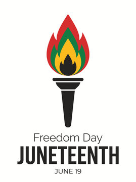 Freedom Day Juneteenth torch emblem with flame and text design for celebration.