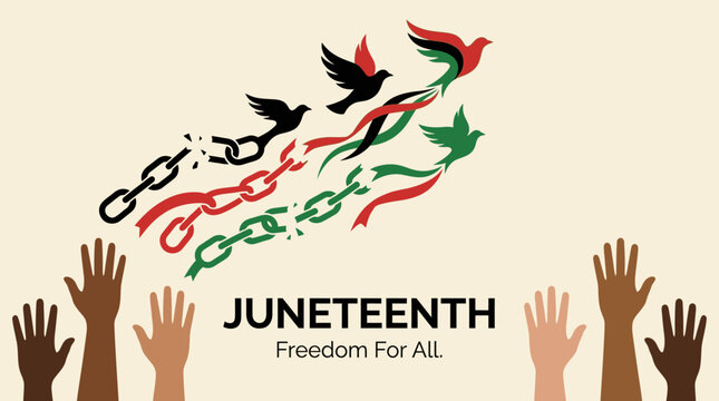 Juneteenth Celebration: Chains Broken, Doves Lifted, and Hands Raised for Freedom and Equality for All.
