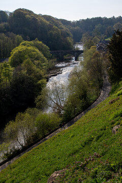 River Valley with Bridge and Path in Richmond, North Yorkshire, England
