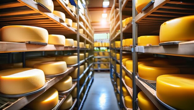 fresh cheese heads on rack in factory warehouse dairy storage production facility defocused racks with copy space