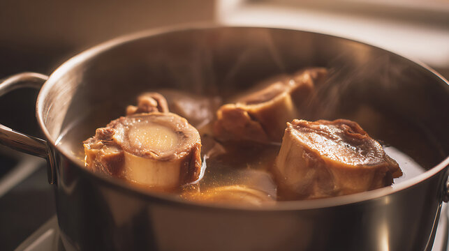 Close-up of hearty meat and marrow bones simmer in a stainless steel pot, emitting steam. Concept of traditional cuisine prep, warm, comforting food
