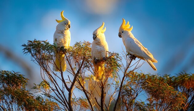 sunflower cockatoos perched on the tree