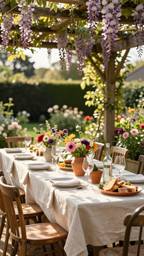 Elegant garden party setting with a long trestle table under a wisteria canopy, eclectic chairs, and wildflowers