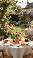 Fototapeta premium A serene outdoor garden breakfast setting featuring colorful granola bowls, pastries, and fresh fruit, bathed in warm morning light.