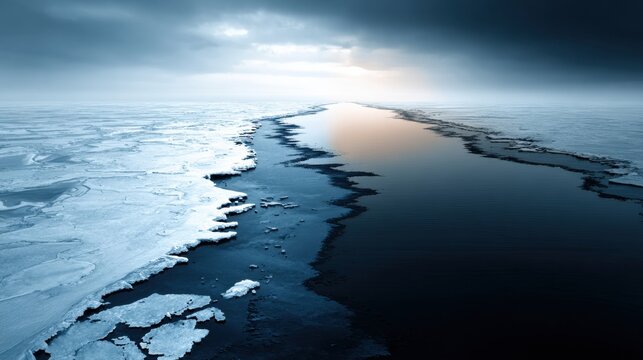Oil spill creates dark petroleum slick over Arctic ice sheets. Ocean water reflects colors against the white ice in this remote area.