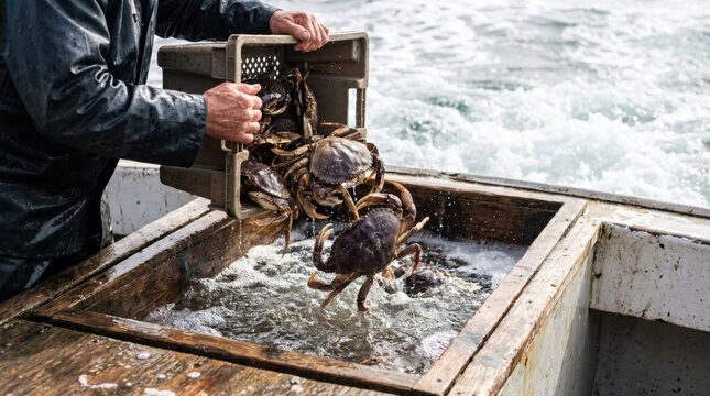 Commercial fisherman emptying a plastic crate of freshly caught live crabs into a wooden sorting tank