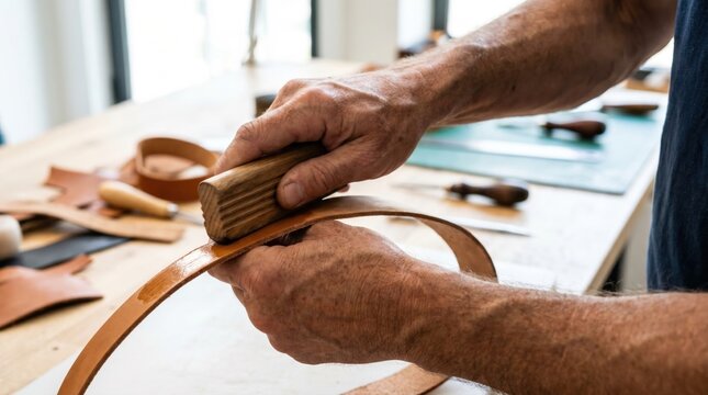 Leather craftsman using a grooved wooden slicker tool to burnish and smooth the edge of a brown leather belt