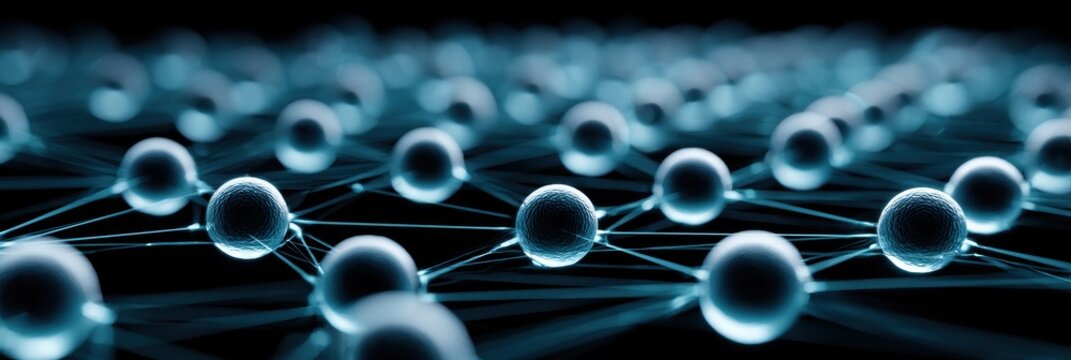A complex three-dimensional structure shows interconnected atoms glowing with electric cyan emission in a dark setting, symbolizing quantum computing.