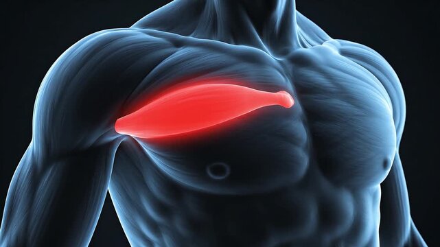 3D rendering of a human chest showing a highlighted red muscle, indicating chest pain.