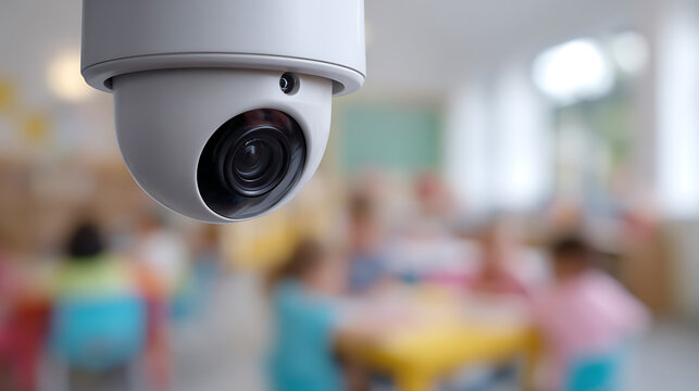 Modern Security Camera Oversee Child Learn in Classroom Setting; Safety Surveillance Technology for Education and Public Spaces. Close-up