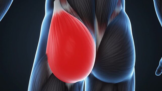 3D rendered illustration of a human gluteus maximus muscle, highlighted in red, within a transparent anatomical model, indicating glutes pain.