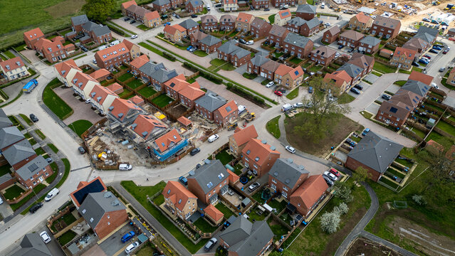 Aerial View of Residential Neighborhood at Barratt Homes in Boroughbridge, UK.