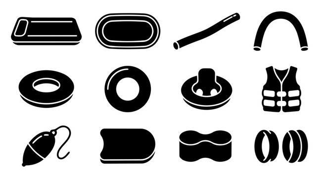Swimming Aid and Flotation Silhouette Icon Set &ndash; Pool Noodle, Ring, Kickboard and Buoy