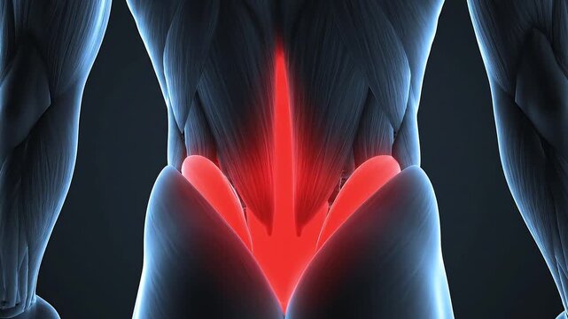 Human back muscle with highlighted lower lumbar region in red, indicating lower back pain.