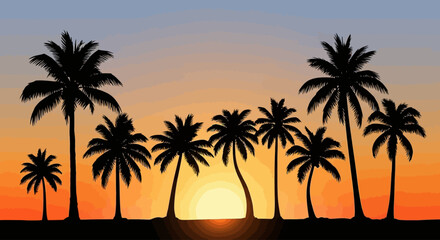 Obraz premium A serene sunset scene with silhouetted palm trees standing tall on a tropical beach at dusk.