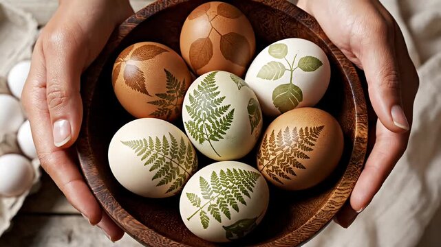 Decorated easter eggs in wooden bowl on rustic table with daylight