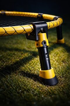 Spikeball roundnet equipment, active fitness rebounder trampoline for outdoor lawn recreation, leisure sports game play, close-up of yellow and black net frame on green grass, competitive summer