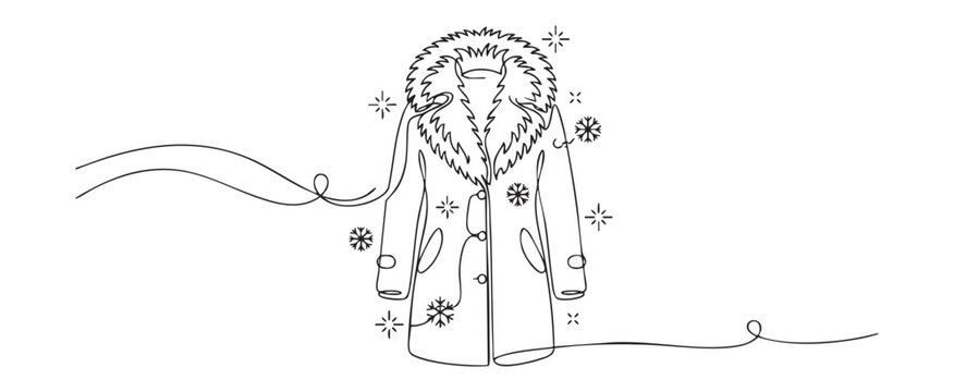 Continuous line drawing of a fur collar coat with delicate snowflakes for winter fashion apparel concept, minimalist vector illustration style on transparent background