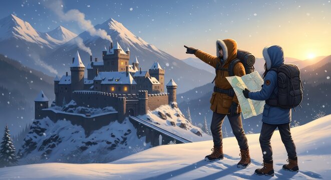Two Adventurers Discover a Snow-Covered Castle in a Winter Wonderland.