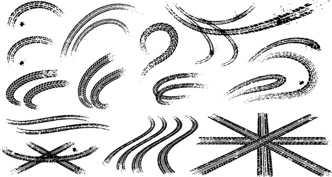 Tire tread marks after skidding, launch, drift, powerslide in motorsport, rally, off-road, motocross. Wheel texture with splash effect. Vector, transparent background EPS version.