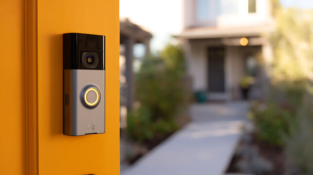 Smart Home Doorbell on a Bright Orange Wall with Blurred Residential House Background and Green Landscape View