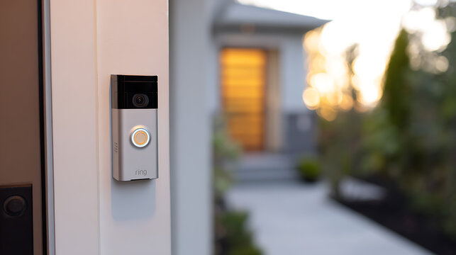 Modern electronic doorbell mounted on white wall of a contemporary home, with a glowing button and blurred background of front path and house entrance at sunset