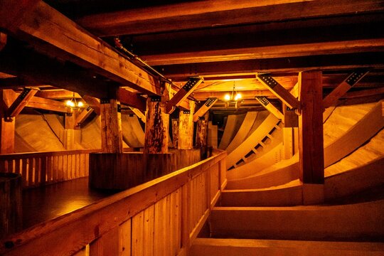  Interior of Noahs Ark Replica at Ark Encounter Kentucky with Wooden Animal Stalls Timber Structure and Warm Lighting