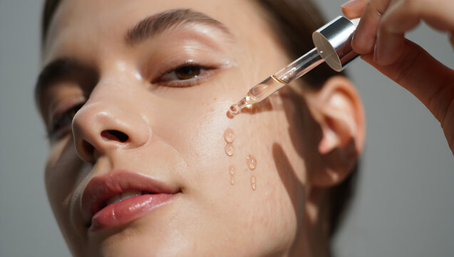 Woman applying facial serum on her cheek