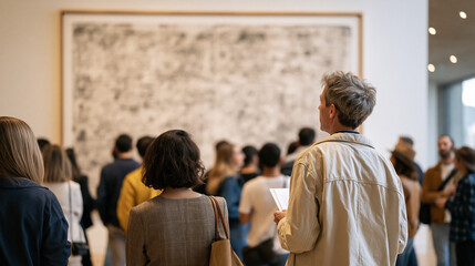 Obraz premium Robot artist exhibition opening night where gallery visitors examine large canvas covered in algorithmically generated patterns, curator speaking to press, contemporary art world, AI culture event, 
