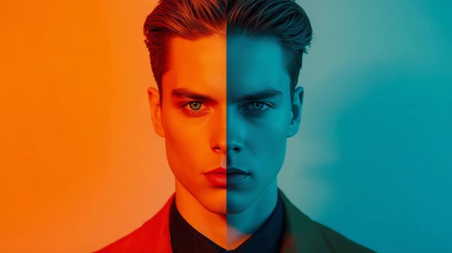 Young man portrait split lighting with orange and teal color contrast, dramatic mood and expression
