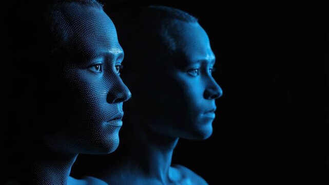 Blue profile portrait of two futuristic women with textured skin, moody blue lit portraiture