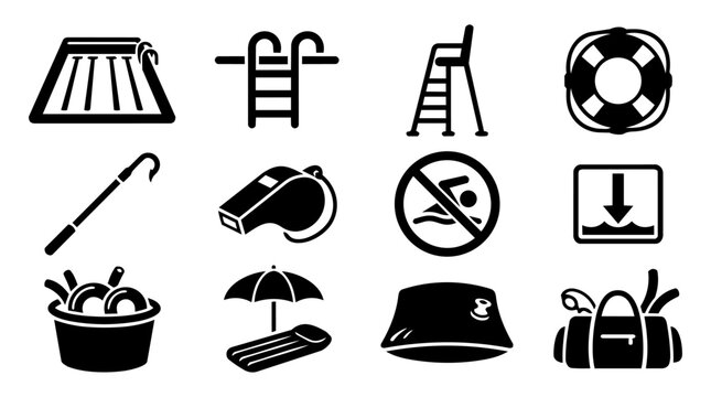Pool and Swimming Facility Silhouette Icon Set &ndash; Water Safety, Lifeguard and Pool Equipment