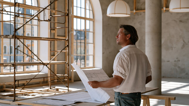 Empty co-living common room under construction in industrial loft conversion, scaffolding beside floor-to-ceiling warehouse windows, architect reviewing finish schedule against structural framing, a