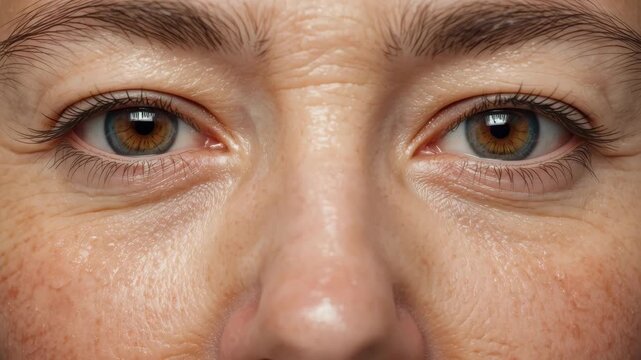 Close up freckled face and aged skin around brown eye showing pores, textured skin, subtle emotion